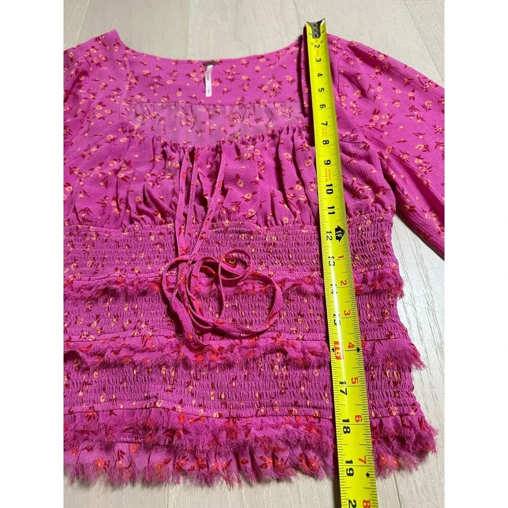 Free People Blouse Pink Floral Smocked Boho Peasant Cottagecore Festival Femme S